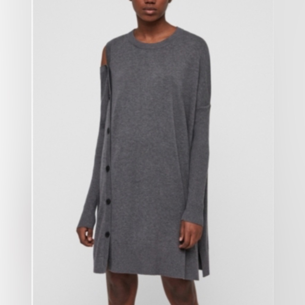 Allsaints Ria Knit Button Long Sleeve Dress size Large Grey